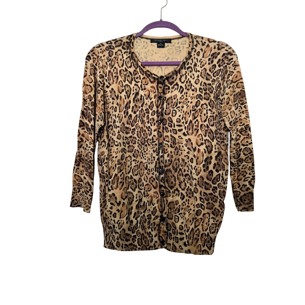 August Silk Knits Leopard Print Cardigan Sweater Tan Brown Button Front XL